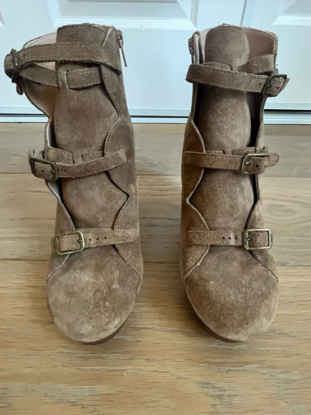 NWOT See by Chloe Women’s Brown/Tan Suede Buckle Boots with Wood Heel